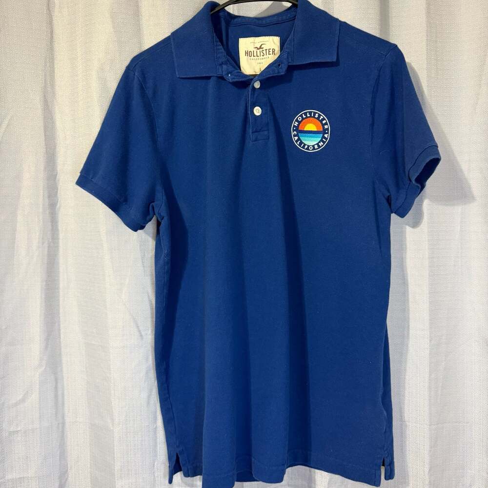 Hollister California Blue Polo Shirt with Sunset Graphic Patch Size L